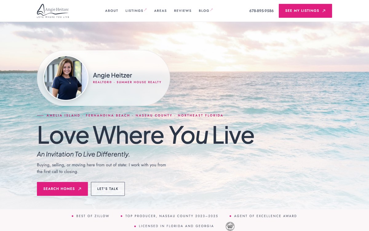 The homepage of Angie Heitzer's website on a computer