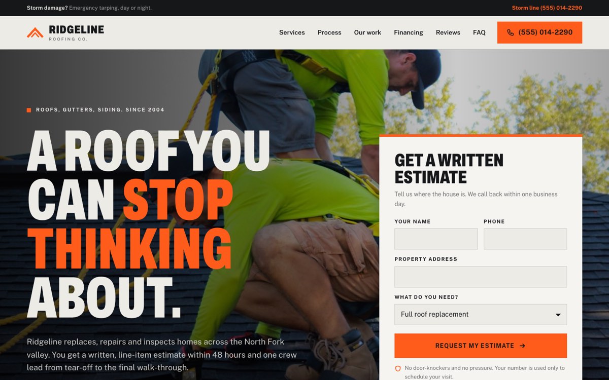 Ridgeline, a sample roofing website design, on a computer