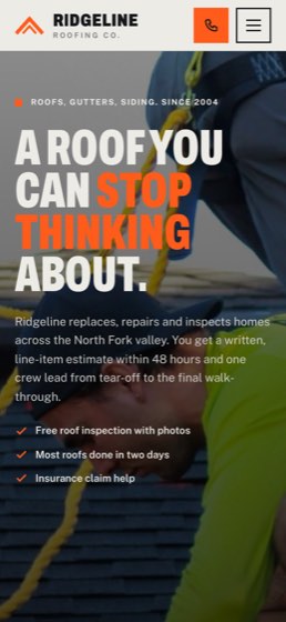 Ridgeline, a sample roofing website design, on a phone